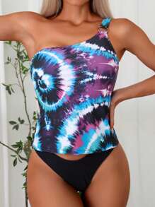 SHEIN Swim Women's One Shoulder Tie Dye Tankini Set, Vacation Swimwear Summer - Multicolor - View 1