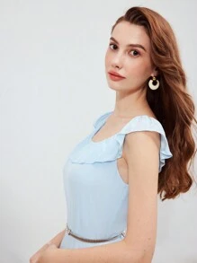 MOTF PREMIUM SILK SOLID LAYERED RUFFLE HEM DRESS - Baby Blue - View 3