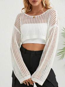 Top court ajouré à manches dolman en tricot, décontracté, pour vacances et plage, pour femmes, pour le printemps/l'été