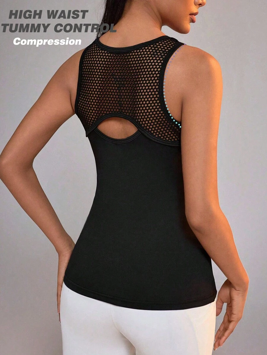 Powerista Mesh Panel See Through Hollow Out Back Athletic Tank Top - Black - View 1