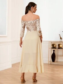SHEIN Belle Off Shoulder Glitter Mesh & Ruffle Trimmed Bridesmaid Dress - Champagne - View 2