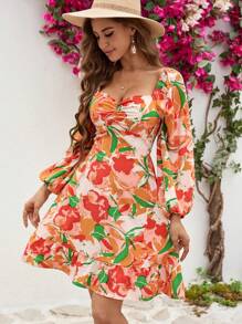 SHEIN VCAY Women's Floral Print Lantern Sleeve Dress With Sweetheart Neck - Multicolor - View 4