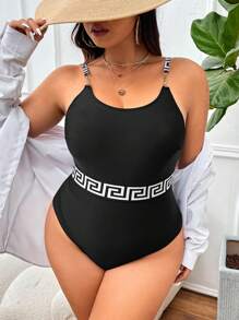 SHEIN Swim Curve Summer Beach Plus Size Geometric Print Round Neck One Piece Swimsuit - Black - View 6