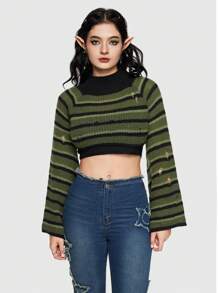 ROMWE Fairycore Striped Pattern Turtleneck Bell Sleeve Sweater - Army Green - View 5