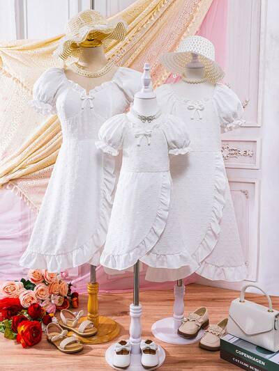 Sweet Solid Color Woven Dress With Ruffled Bubble Sleeves And Square Neck For Tween Girl