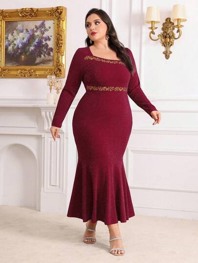 Burgundy Red Plus Size Floral Embroidery Mermaid Hem Dress