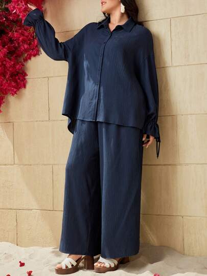 Women's Plus Size Textured Long Sleeve Shirt And Pants Two Pieces Set 2 Pieces Set