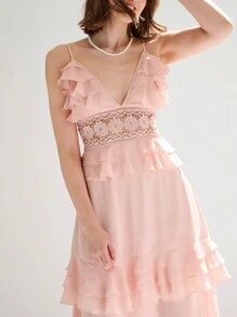 Enchnt Vestido Largo De Tejido Pastel Rosa Con Inserto De Encaje, Volantes Y Adornos - Rosa Pálido - Ver 4