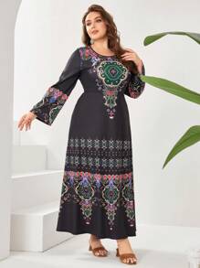 Al Najma Plus Size Women's Floral Printing Round Neck Long Sleeve Arabian Clothing - Black - View 4