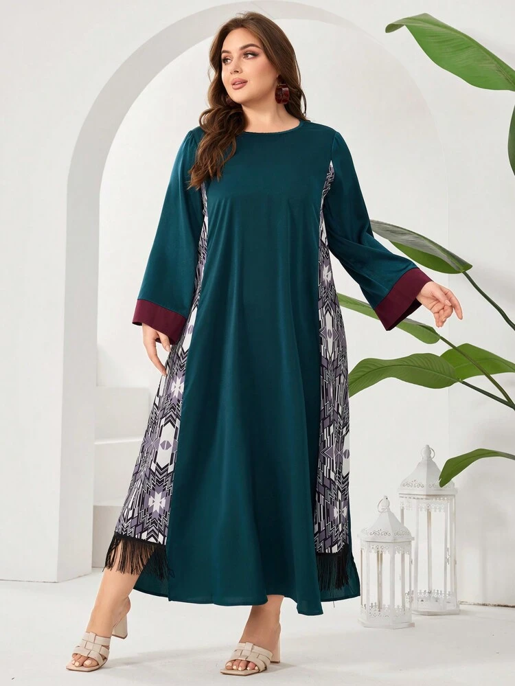 Plus Size Loose Fit Dress With Tassel Hem And Geometric Print Patchwork