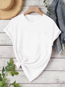 SHEIN Plus Size Solid Color Round Neck Short Sleeve T-Shirt - White - View 4