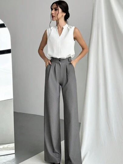 Firerie 女士简约优雅办公室淑女风格无袖衬衫，带缺口领口，适合工作服、无袖上衣