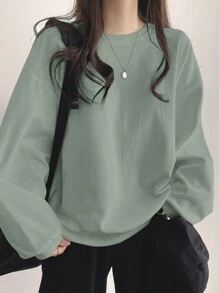 DAZY Solid Color Round Neck Loose Fit Casual Sweatshirt With Drop Shoulder,Fall Clothes