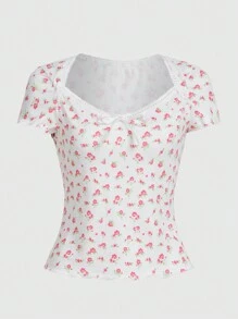 ROMWE Kawaii In hoa Ditsy Ren Mộc nhĩ Áo thun - Hồng - Xem 1