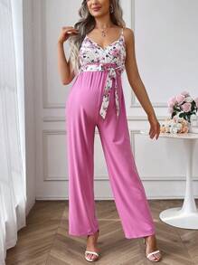 SHEIN Maternity Floral Print Belted Cami Jumpsuit - Pink - View 4