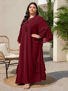 Mulvari Burgundy Red Plus Size Twist Collar Ruffle Trim Decorated Dress - Burgundy - View 8