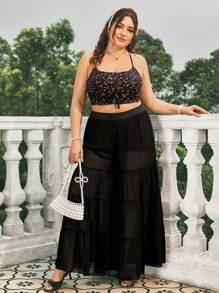 Dreamara Pantalones De Pierna Ancha Plisados ​​de Doble Capa De Gasa Para Mujer De Talla Grande