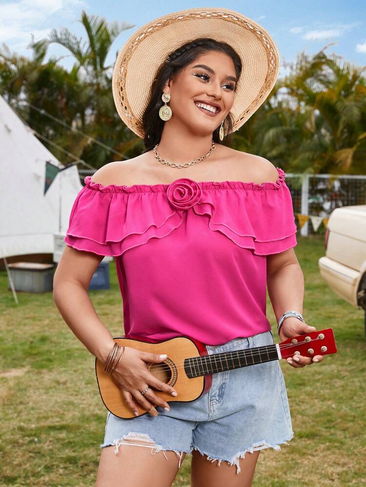 Plus Size Double Layered Off-The-Shoulder Ruffled Blouse With 3d Flower Decoration For Vacation