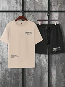 Manfinity Homme Men's Plus Size Slogan Printed Short Sleeve Round Neck T-Shirt And Shorts Set, Beach, Vacation
