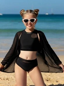 Conjunto de 3 piezas para niña preadolescente: Nueva moda, conjunto de unicolor con parches de malla