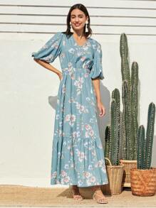 Mulvari Vestido Midi Con Estampado Floral Y Dobladillo Con Volantes Para Mujer - Celeste - Ver 2