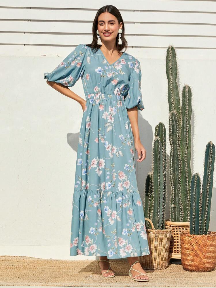 Women'S Floral Print Ruffle Hem Midi Dress