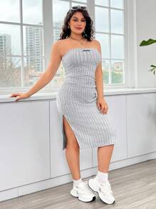 SHEIN EZwear 大尺碼女性夏季舒適純色側開叉無肩帶連衣長裙 - 灰色 - 查看 1