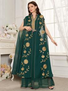 Women's Floral Embroidery & Trim Patched Arabic Style Dress - Dark Green - View 1