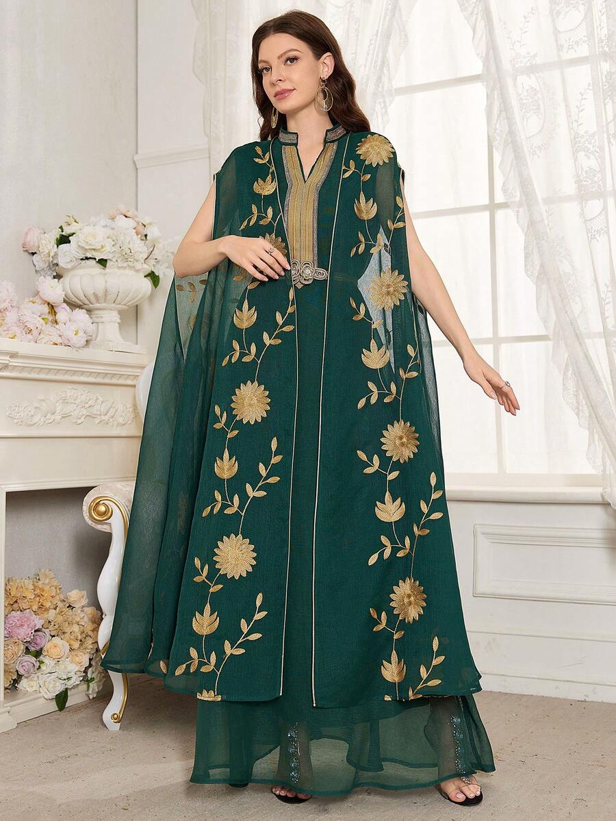 Women's Floral Embroidery & Trim Patched Arabic Style Dress - Dark Green - View 1