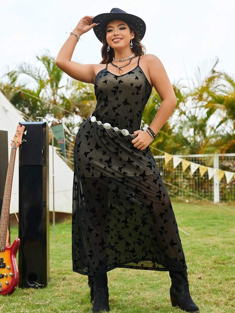 Women's Plus Size Velvet Butterfly Mesh Sheer Strap Dress