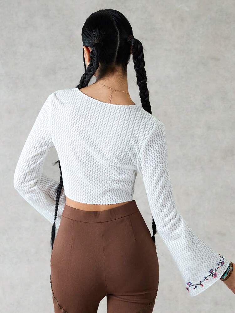 Flower Embroidery Bell Sleeve Tie Front Top Cowboy Western Women Attire