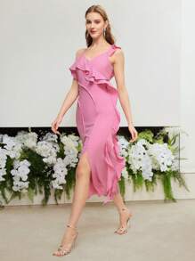 MOTF PREMIUM Asymmetrisches Schulterraffung GeSchlitztetes Schenkel Kleid