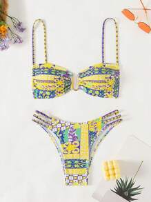 SHEIN Swim All Over Print Spaghetti Strap Bikini Set, Two-Piece, Bikini Set Summer Beach - Multicolor - View 1