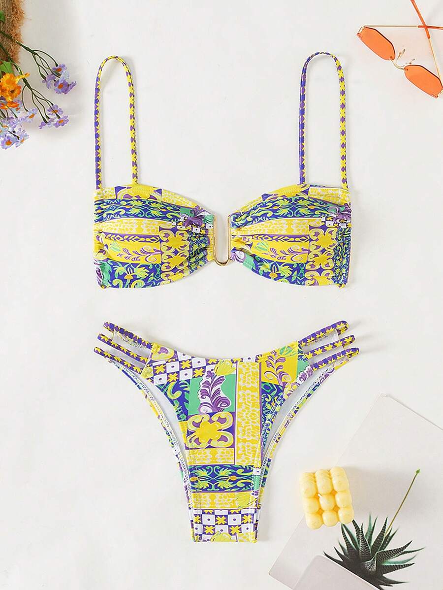 SHEIN Swim All Over Print Spaghetti Strap Bikini Set, Two-Piece, Bikini Set Summer Beach - Multicolor - View 1
