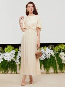 MOTF PREMIUM SILK SNAKESKIN JACQUARD FLARE SLEEVE TWIST FRONT DRESS - Apricot - View 3