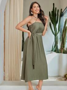 Al Najma 纯色腰部收紧休闲连衣裙，搭配拼布印花前开襟夹克 2 件套 - 軍綠色 - 查看 8