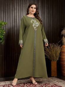 Al Najma Plus Size Women's Arabesque Print Ribbon Splicing Dress - Army Green - View 6