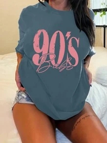 INAWLY Plus Size Women's Round Neck Short Sleeve T-Shirt With Letter Print Graphic Tees Women Tops