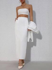 Chiquease Striped Short Lapel Suit Jacket And Strapless Top And Split Hem Skirt Set - Black and White - View 3