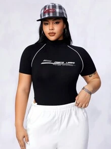 SHEIN EZwear 大碼字母圖案拼接滾邊插肩袖連體衣