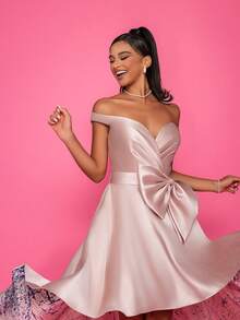 High Low Elegant Bowknot Shoulder Off Formal Evening Dress Prom Wedding Guest Gown, For Graduation, Dinner - Dusty Pink - View 7