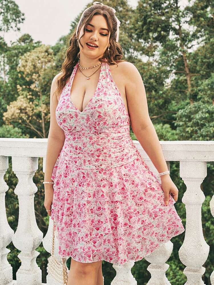 Plus Size Floral Print V-Neck Ruffle Trim Halter Neck Dress