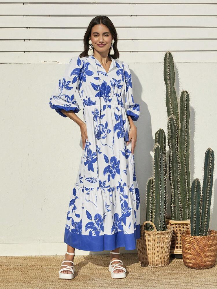 Women's Flower Printed Colorblock Lantern Sleeve Dress