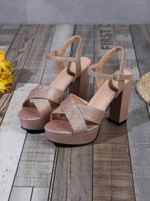 女士時尚舒適金色圓頭帶扣鞋,交叉後背帶扣,高平台,厚高跟 - 金色 - 查看 3