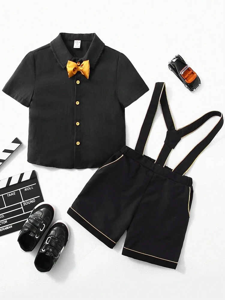 Young Boy's Stylish Contrast Color Weave Strap Shirt, Suspenders Shorts Suit