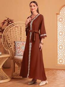 Al Najma Contrast Lace Patchwork Flare Sleeve Dress - Burnt Orange - View 4