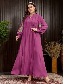 Al Najma Plus Size Gold Sticker Trim Solid Color Style Modest Long Sleeve Arabian Dresses - Hot Pink - View 3
