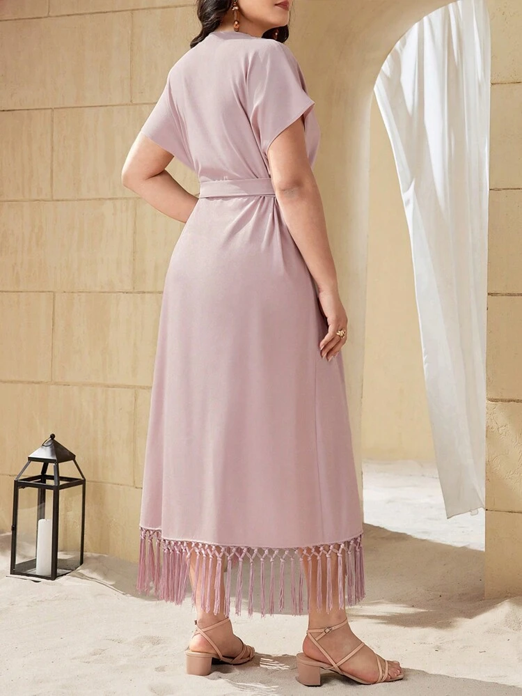 Plus Size Solid Color Wrap Dress With Tassel Hem And Tie Waist, Wedding Guest Dress