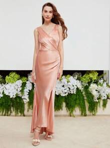 MOTF PREMIUM Lụa Surplice cổ Xù Tách đùi Đầm - Màu Cam san hô - Xem 7