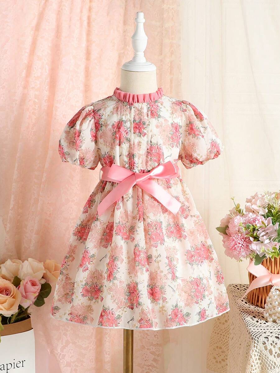 SHEIN Young Girls' Summer New Chiffon Flower Printed Sweet And Lovely Princess Dress